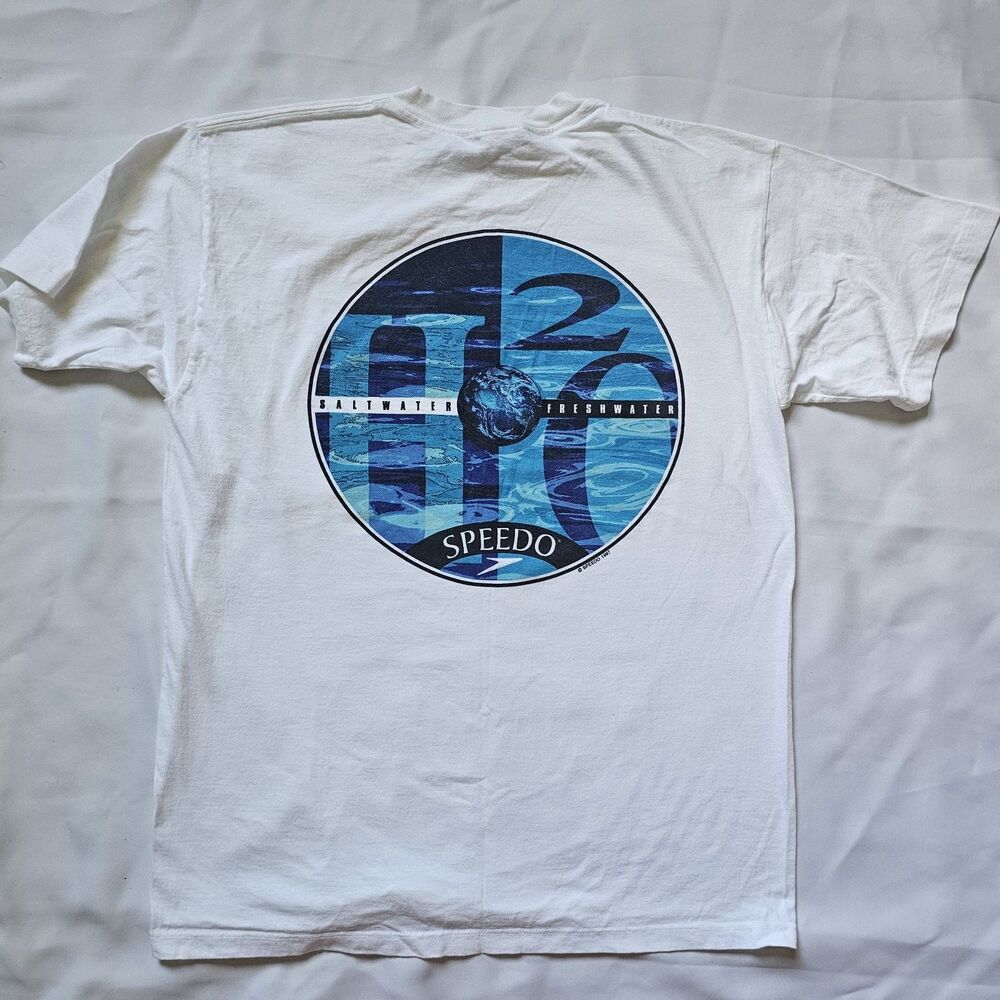 Vintage 90s Speedo H2O Saltwater Freshwater T Shirt White Graphic Surf Swim L